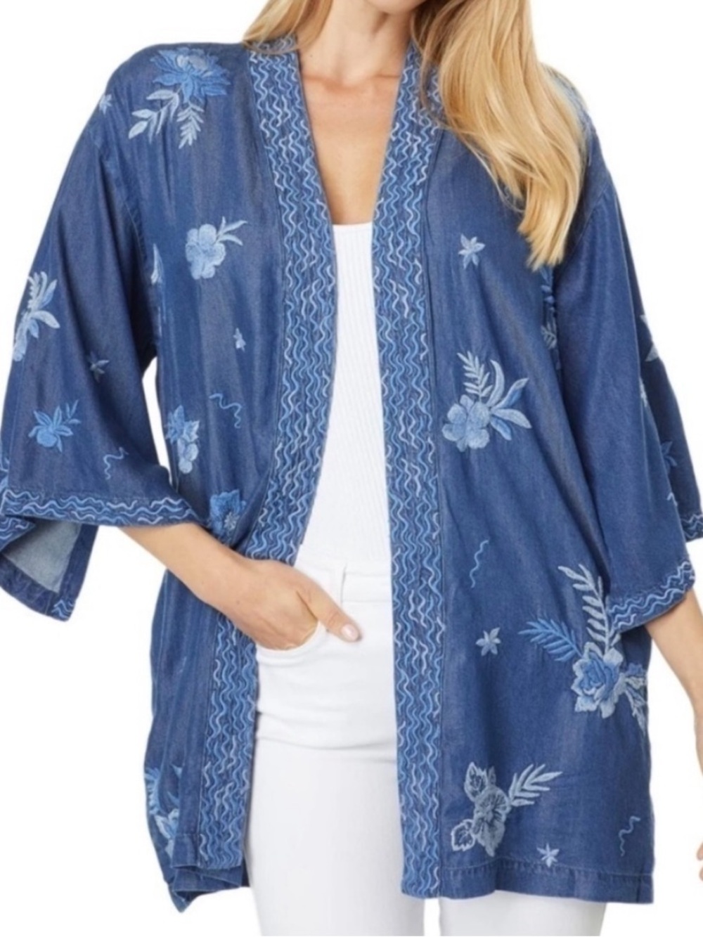 Johnny Was Marbella Embroidered Chambray Kimono Jacket Blue Floral Bird Size M